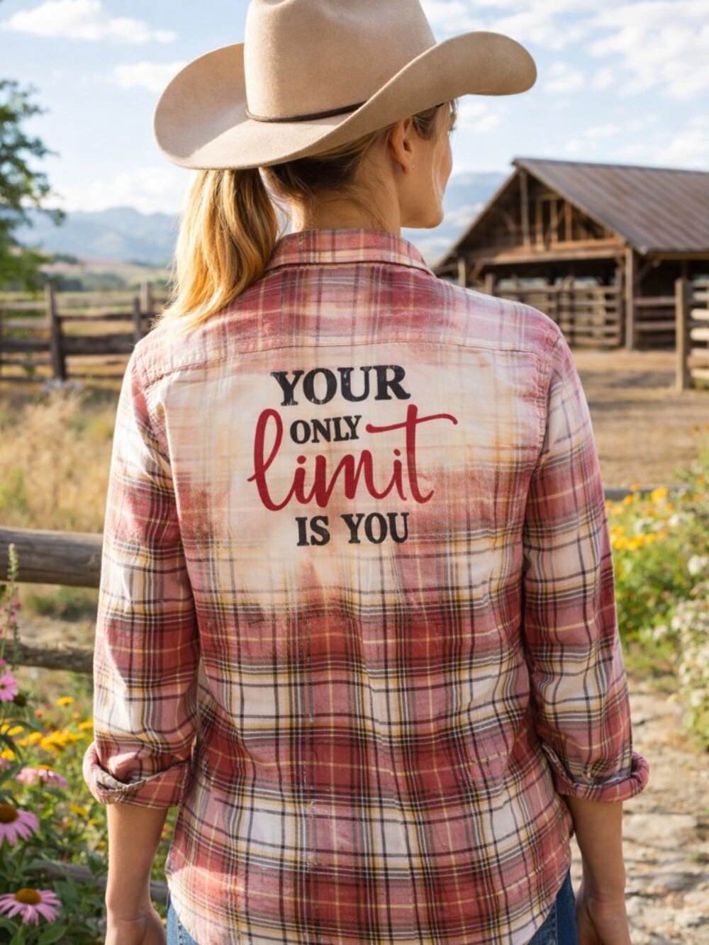 Upcycled Bleached Flannel Shirt, Hand Painted Inspirational Red Plaid Size Small